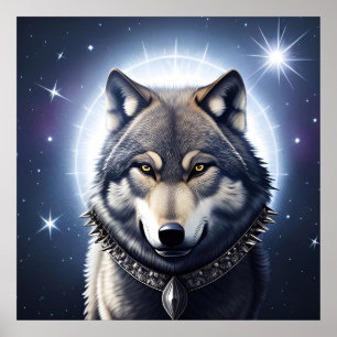 Majestätischer Wolf unter Sternenhimmel Poster