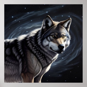 Majestätischer Wolf unter Sternenhimmel Poster