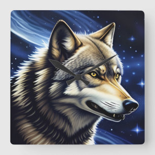 Majestätischer Wolf unter Sternenhimmel Quadratische Wanduhr