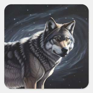 Majestätischer Wolf unter Sternenhimmel Quadratischer Aufkleber