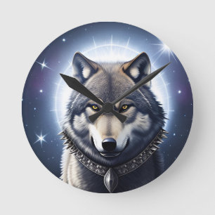 Majestätischer Wolf unter Sternenhimmel Runde Wanduhr