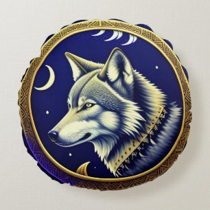 Majestätischer Wolf unter Sternenhimmel Rundes Kissen