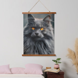 Majestätisches Langhaar-Katzenporträt-Design Wandteppich Mit Holzrahmen