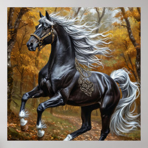 Majestätisches schwarzes Pferd in einem Herbstwald Poster