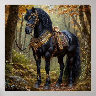 Majestätisches schwarzes Pferd in königlichem Gold Poster