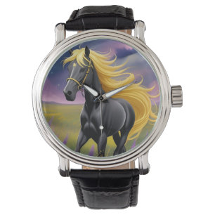 Majestätisches schwarzes Pferd mit fließender gold Armbanduhr