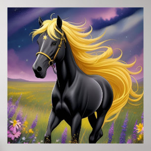 Majestätisches schwarzes Pferd mit fließender gold Poster