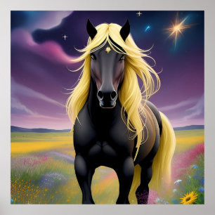 Majestätisches schwarzes Pferd mit fließender gold Poster