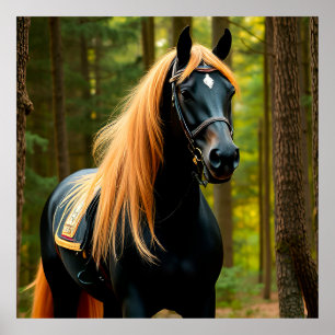 Majestätisches schwarzes Pferd mit fließender Mähn Poster