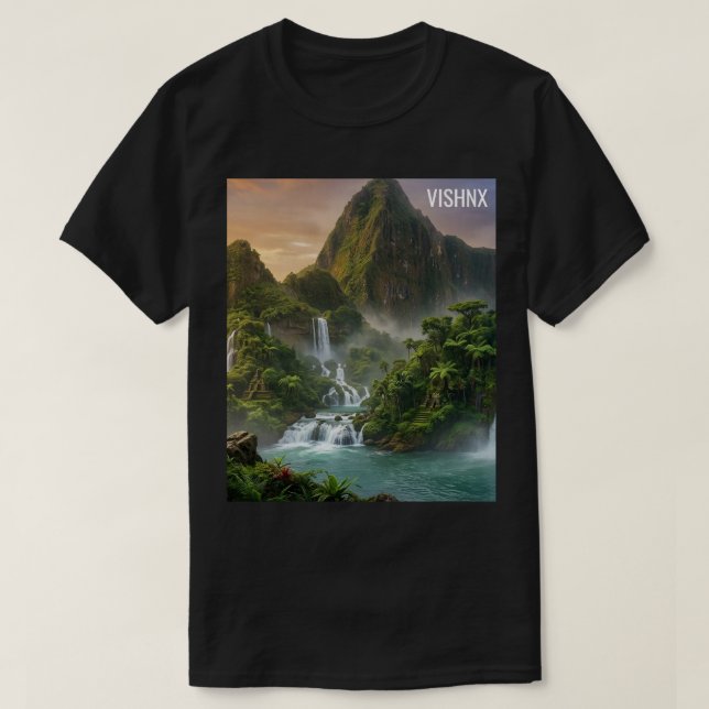 Majestetischer Fantasy-Wald und Wasserfall-Ästheti T-Shirt (Design vorne)