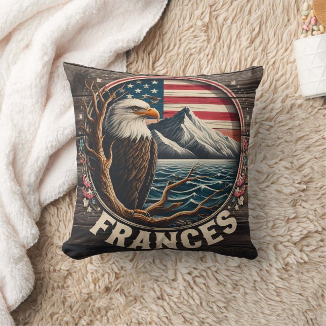 Majestic Adler mit Bergen und Flaggenhintergrund Kissen (Decke)