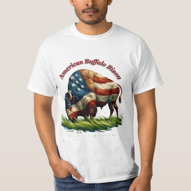 Majestic American Bison Illustriert Flag T-Shirt (Vorderseite)