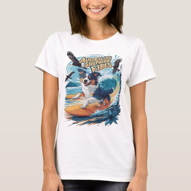Majestic Australian Shepherd Dog Surfing the Wappe T-Shirt (Vorderseite)