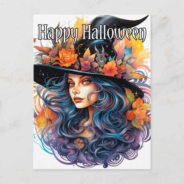 Majestic Autumn Hexe Illustration Happy Halloween Postkarte (Vorderseite)