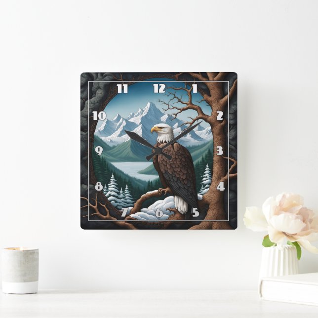 Majestic Bald Eagle mit Blick auf den Bergsee Quadratische Wanduhr (Zuhause)