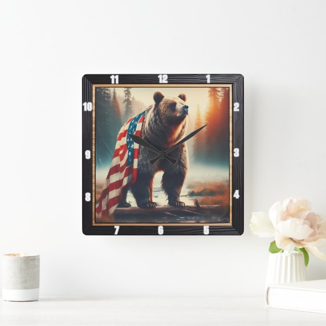 Majestic Bear Patriotic Forest Quadratische Wanduhr (Zuhause)