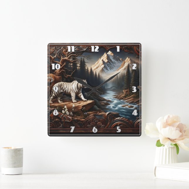 Majestic Bengalische Tiger in der Bergwelt Quadratische Wanduhr (Zuhause)