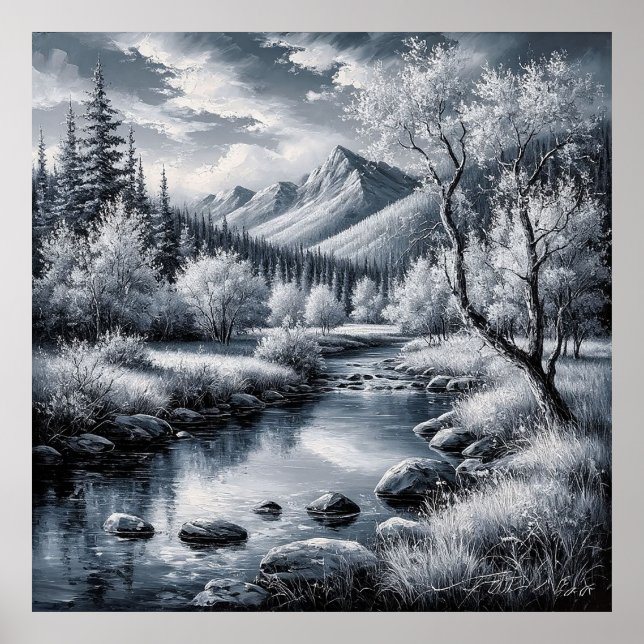 Majestic Berglandschaft mit Fluss, Pinienbäumen Poster (Vorne)
