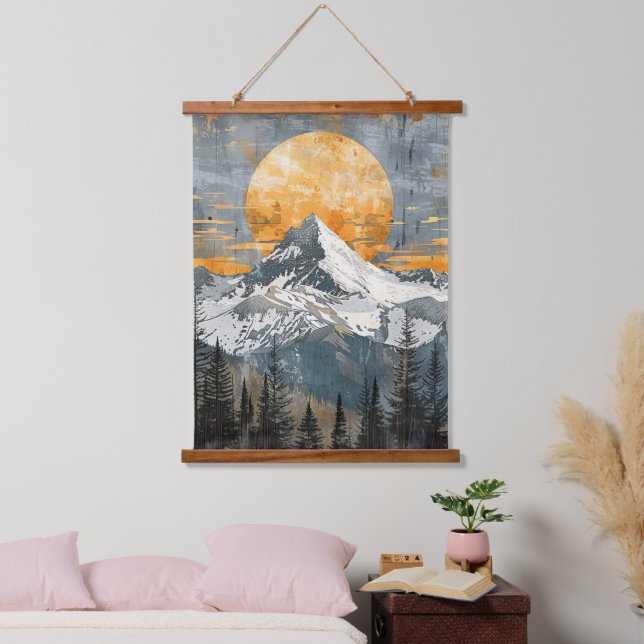 Majestic Berglandschaft - Rustikale Natur Wandteppich Mit Holzrahmen (Schlafzimmer)