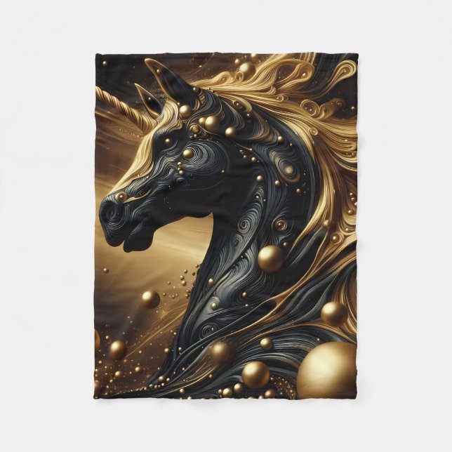 Majestic Black and Gold Einhorn Design Fleecedecke (Vorderseite)