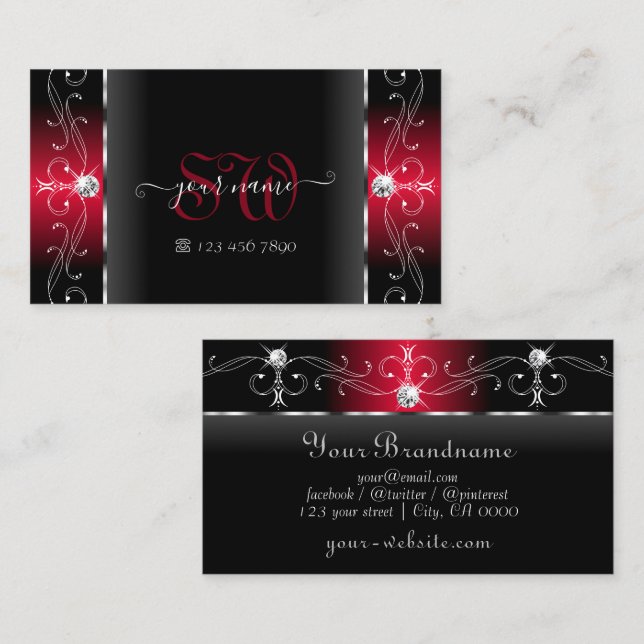 Majestic Black and Red Squiggled Jewels Monogram Visitenkarte (Vorne/Hinten)