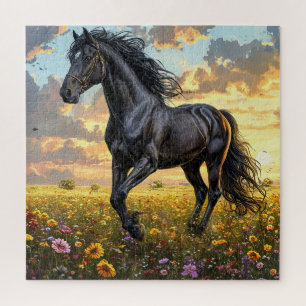 Majestic Black Horse Galloping durch eine lebendig