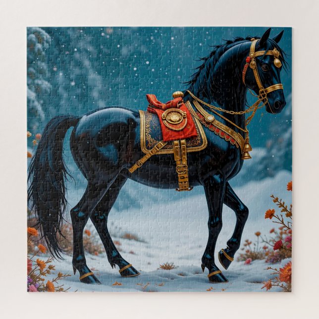 Majestic Black Horse in Gold Harness (Vertikal)