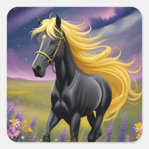 Majestic Black Horse mit Golden Mane Quadratischer Aufkleber