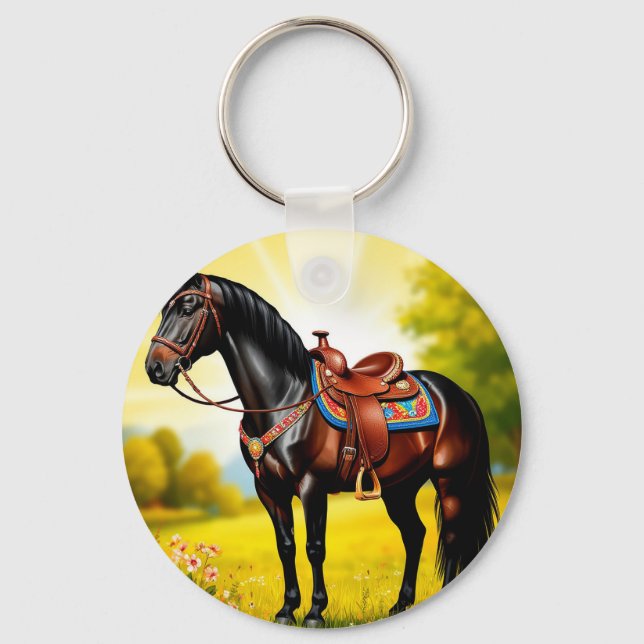 Majestic Black Horse mit Sattel Schlüsselanhänger (Vorderseite)