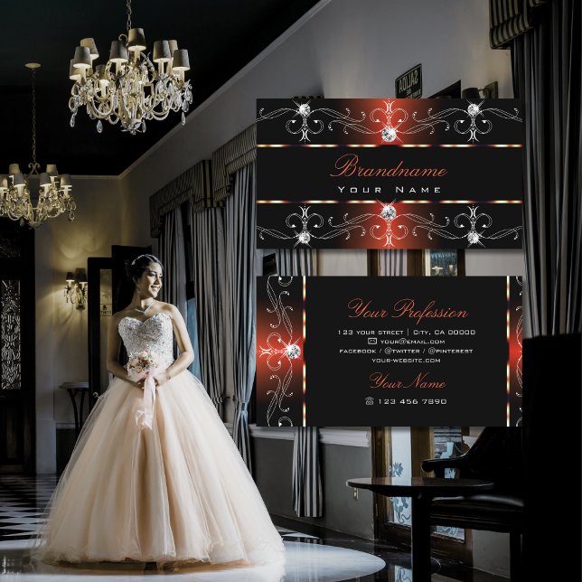 Majestic Black Orange Red Verziert Borders Ornamen Visitenkarte (Von Creator hochgeladen)