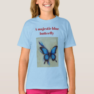 Majestic Blue Butterfly Pencil Sketch T - Shirt