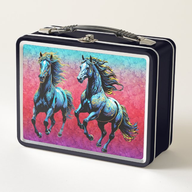 Majestic Blue Horses Galloping in Nebel Metall Brotdose (Vorderseite)