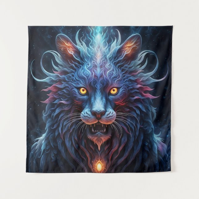 Majestic Blue Pink Lion Fantasy Wandteppich (Vorderseite)