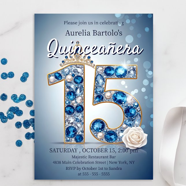 Majestic Blue und Silver Diamond Tiara Quinceanera Einladung (Von Creator hochgeladen)