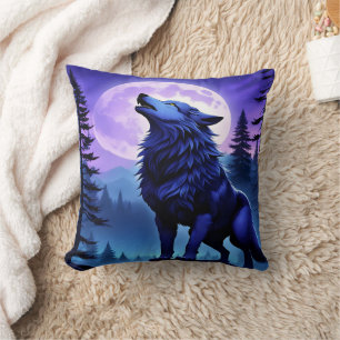 Majestic Blue Wolf heult unter Vollmond Kissen