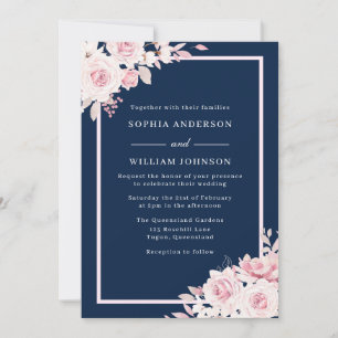 Majestic Blush & Navy Floral Watercolor Wedding Einladung