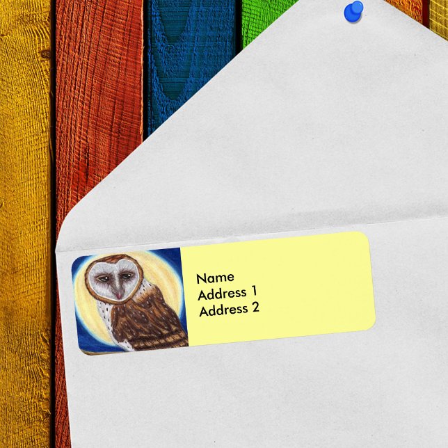 Majestic Brown Gepunktet Owl Moon (Brown and white owl in blue night sky in front of moon on yellow return address labels.)
