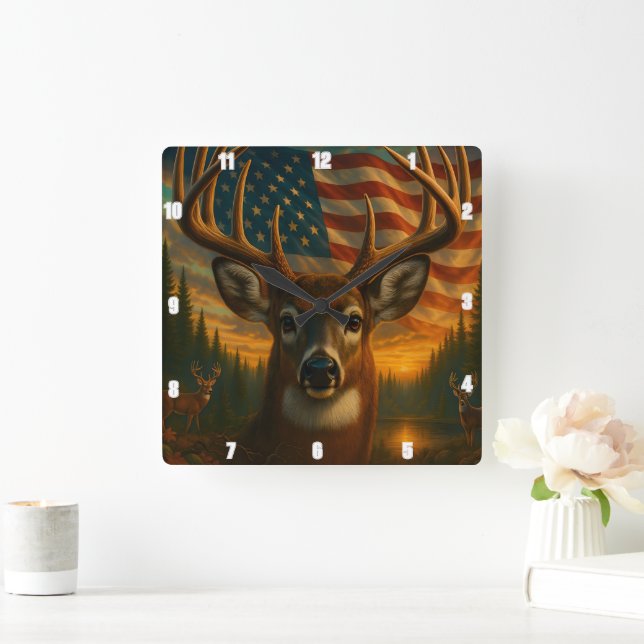 Majestic Buck Impressive Antlers American Flag Quadratische Wanduhr (Zuhause)