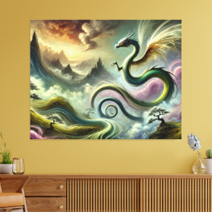 Majestic Celestial Dragon über Fantasy Mountains Leinwanddruck