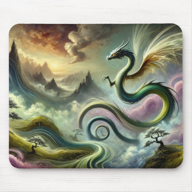 Majestic Celestial Dragon über Fantasy Mountains Mousepad (Vorne)