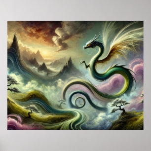 Majestic Celestial Dragon über Fantasy Mountains Poster