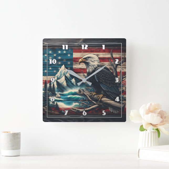 Majestic Eagle am Bergsee bei Dämmerung Quadratische Wanduhr (Zuhause)