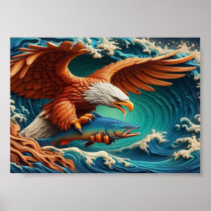 Majestic Eagle Fischen in Wellenform 12x18 Poster