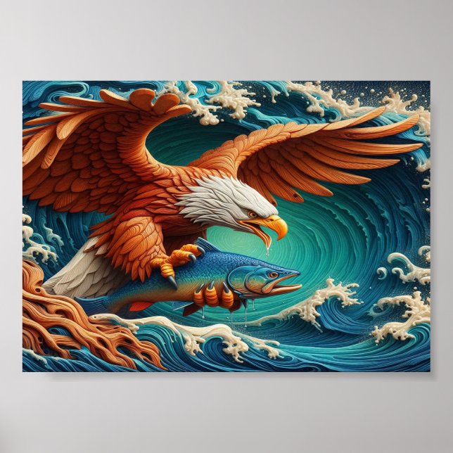 Majestic Eagle Fischen in Wellenform 12x18 Poster (Vorne)
