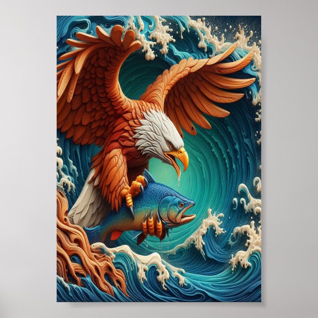Majestic Eagle Fishing in einer Welle von 7x5 Poster (Vorne)