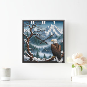 Majestic Eagle inmitten der Landschaft des schneeb Quadratische Wanduhr