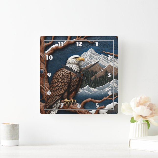 Majestic Eagle inmitten schneebedeckter Berge Quadratische Wanduhr (Zuhause)