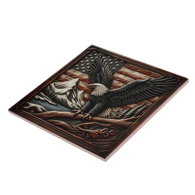 Majestic Eagle mit Bergen und amerikanischer Flagg Fliese (Seite)