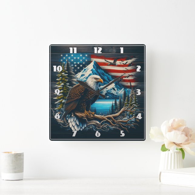 Majestic Eagle mit Bergen und Fahnen Quadratische Wanduhr (Zuhause)