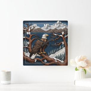 Majestic Eagle mit Blick auf das schneebedeckte Be Quadratische Wanduhr